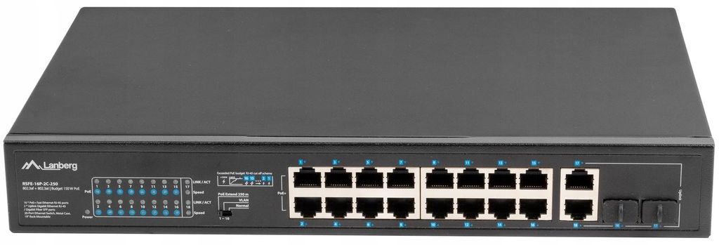 Switch Lanberg Rack 19" 16x 100Mb PoE+/2x Combo Gigabit Produktbild 