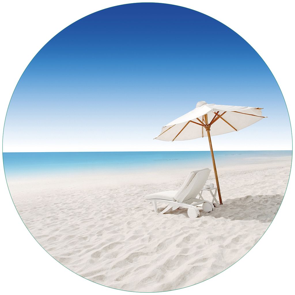 Wallario Premium Glasbild, freischwebende Optik, kräftige Farben, rund 50cm Durchmesser, Motiv Sonnenliege am weißen Strand unter blauem Himmel