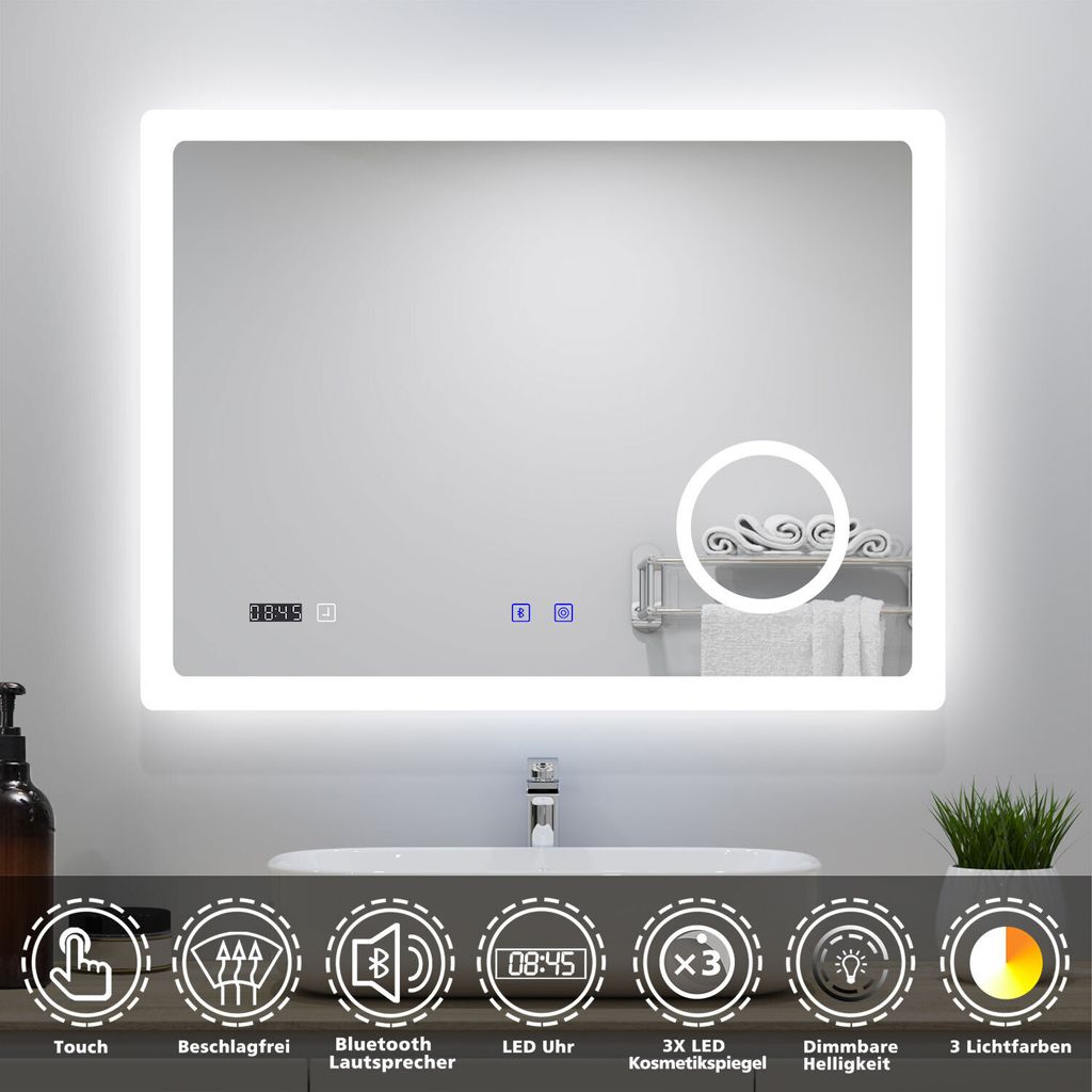 AICA LED Wandspiegel 100x60cm Touchschalter Beschlagfrei Produktbild 