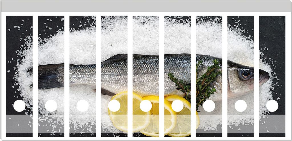 Wallario Ordnerrücken Sticker, selbstklebend für breite Ordner, 9 Stück, Motiv Fischmenü - Frischer Fisch auf Salz mit Zitronen