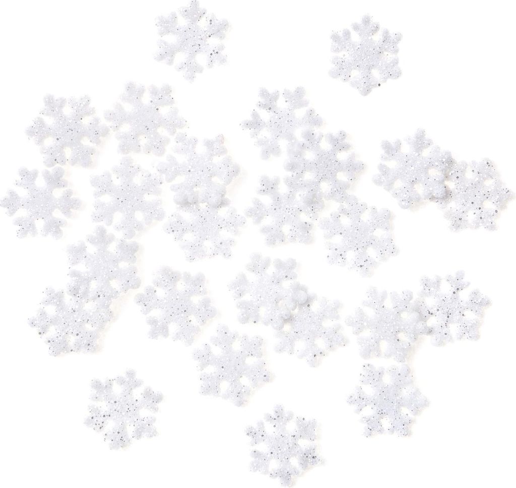 Weiße SCHNEEFLOCKEN mit silbernem Glitzer, 2,4 cm, 24 Stück.