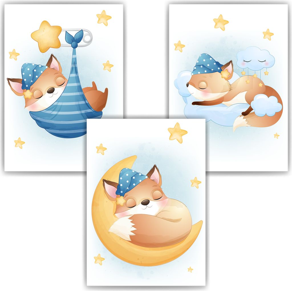 3er Set Poster für Kinderzimmer Bilder Babyzimmer Babyparty Kinderposter Fuchs Blau – DIN A4 (21x29.7cm)