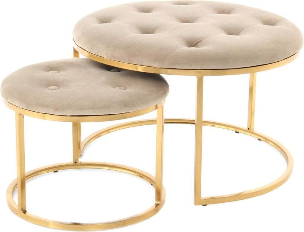 Two nesting round ottomans with tufted taupe fabric tops and gold metal frames.