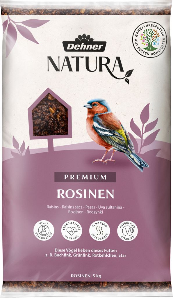 Dehner Natura Premium Wildvogelfutter, Rosinen Delikatesse, Futterrosinen, Ganzjahresfutter energiereich, hochwertiges Vogelfutter für Wildvögel,...