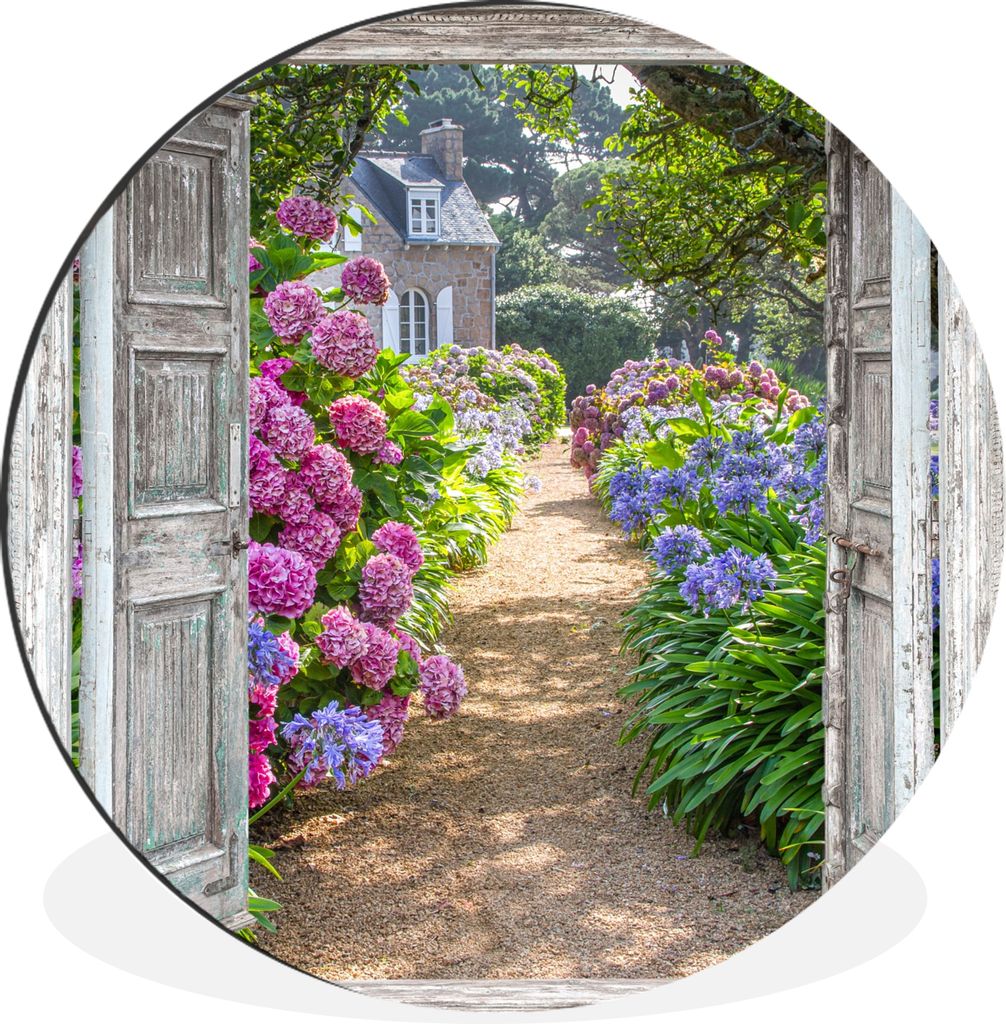 MuchoWow Aluminium Wandkreis Durchblick - Hortensie - Blumen Ø 90 cm Wanddeko Modern Wohnzimmer - Mauerkreis - Wandbilder - Runde Bild - Bild au...