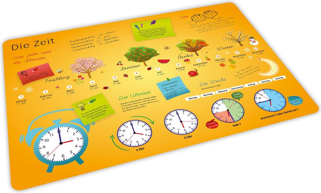 stabiles Vinyl Tischset - Zeit Jahreszeiten Uhrzeit Kinder Platzset abwaschbar