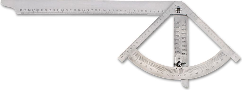 A metal protractor and angle finder tool on a white background.