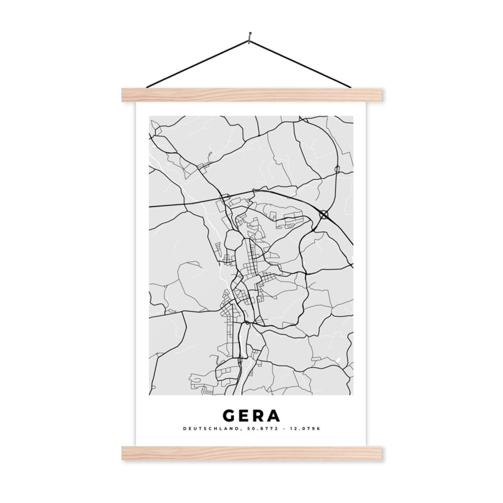 MuchoWow Textilposter Karte - Gera - Deutschland - Stadtplan - Karte 40x60 cm mit holzfarbenen Rahmen - Poster