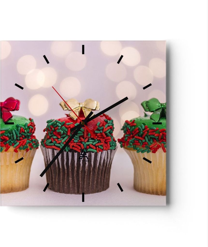 Wanduhr - Quadrat - Glasuhr - Cupcakes Dessert Kuchen gebacken - 30x30cm - Schleichendes Uhrwerk - Lautlos - zum Aufhängen bereit - Dekoration Mod...