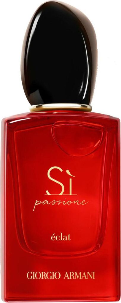 A product shot of a red Giorgio Armani perfume bottle with a black cap.