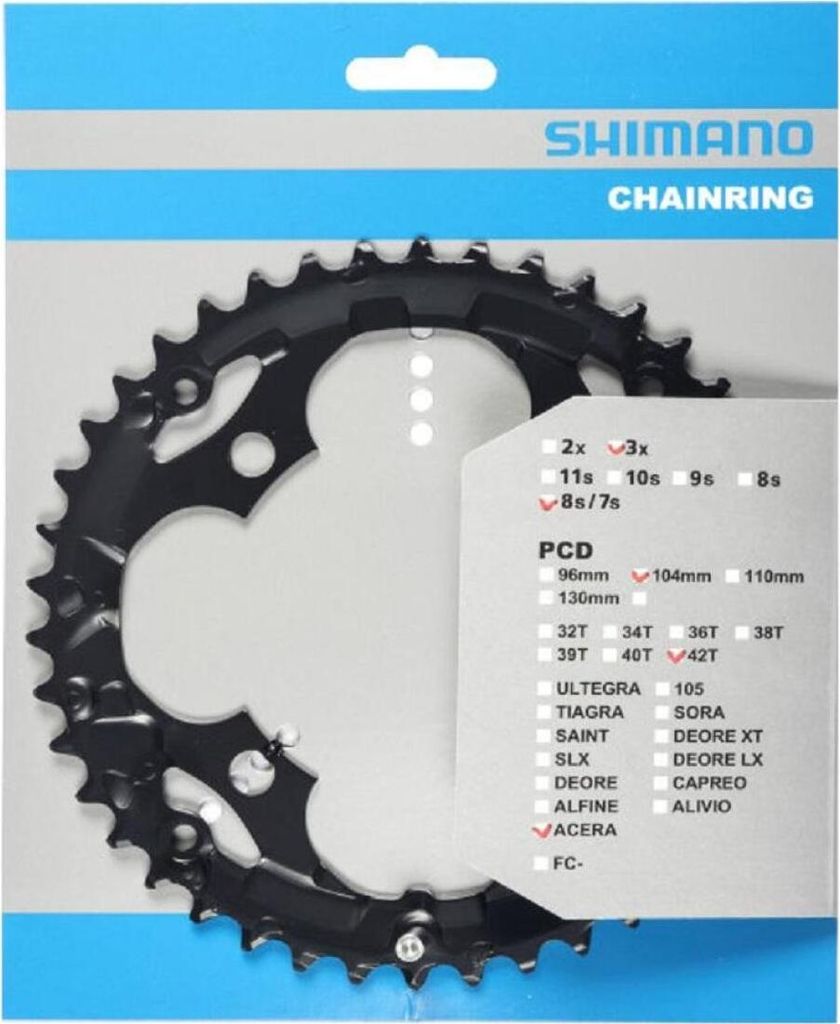 A Shimano chainring is displayed in its retail packaging.