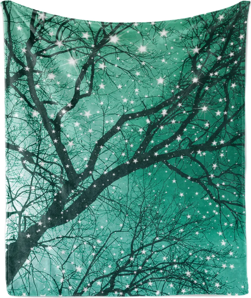 ABAKUHAUS Coperta in morbido pile di flanella, immagine monocromatica delle stelle con rami spogli invernali, 175 x 230 cm, verde mare verde acqua scuro
