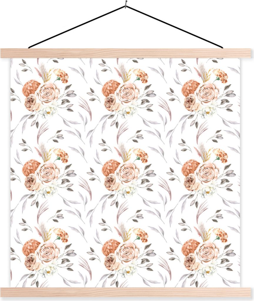 MuchoWow Textilposter Blumen - Bohème - Weiß 120x120 cm mit holzfarbenen Rahmen - Textil-Poster