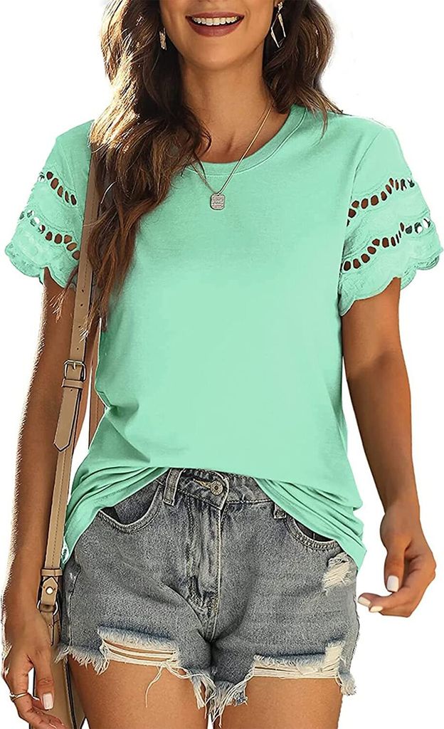 ASKSA Damen T-Shirt Rundhals Kurzarm Oberteile Sommer Einfarbig Blusen Tops, Grün, XL