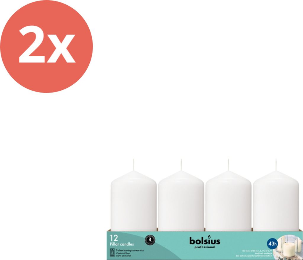Bolsius - Gastronomie-Stumpenkerze - 130/68 - 12 Stück pro Packung - Weiß - Vorteilspack - 24 Stücke - 2 Verpackung