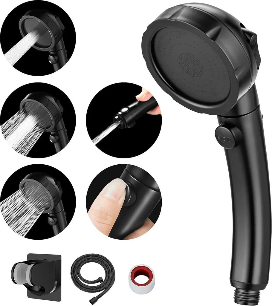 Soffione Doccia Pressurizzato Nero 3 Getti Risparmio Acqua Universale