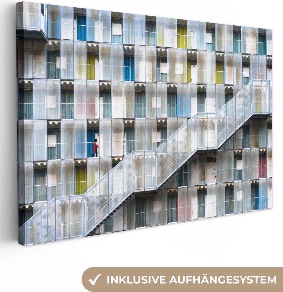 OneMillionCanvasses - Leinwandbilder - 140x90 cm, Türen - Wohnungen - Treppen - Farbenfroh, Wandbilder Kunstdruck Wanddekoration - Foto auf Lein...