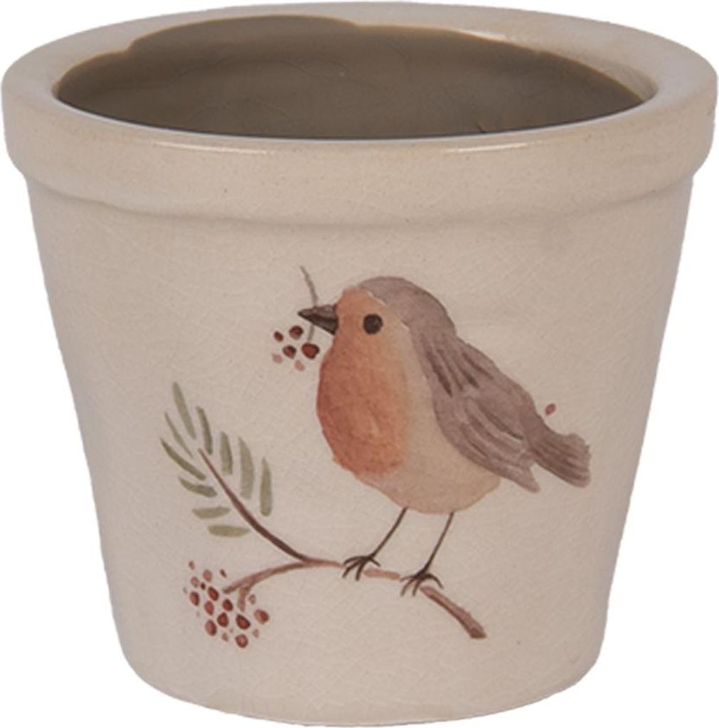 Clayre & Eef Blumentopf Ø 8x7 cm Beige Keramik Vogel Produktbild 