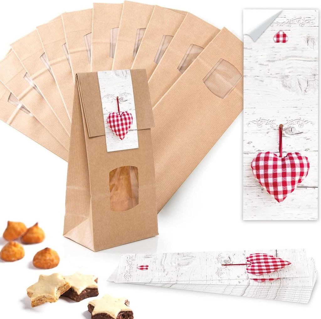 Braune Geschenk-Blockbodenbeutel mit Sichtfenster + Aufkleber – 10,5 x 29 cm – Verschiedene Motive"Danke" rot, weiß / 10 Stück