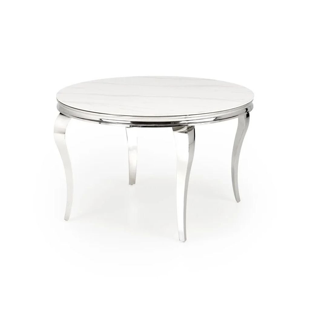 A round coffee table with a white marble top and silver legs, shown on a white background.