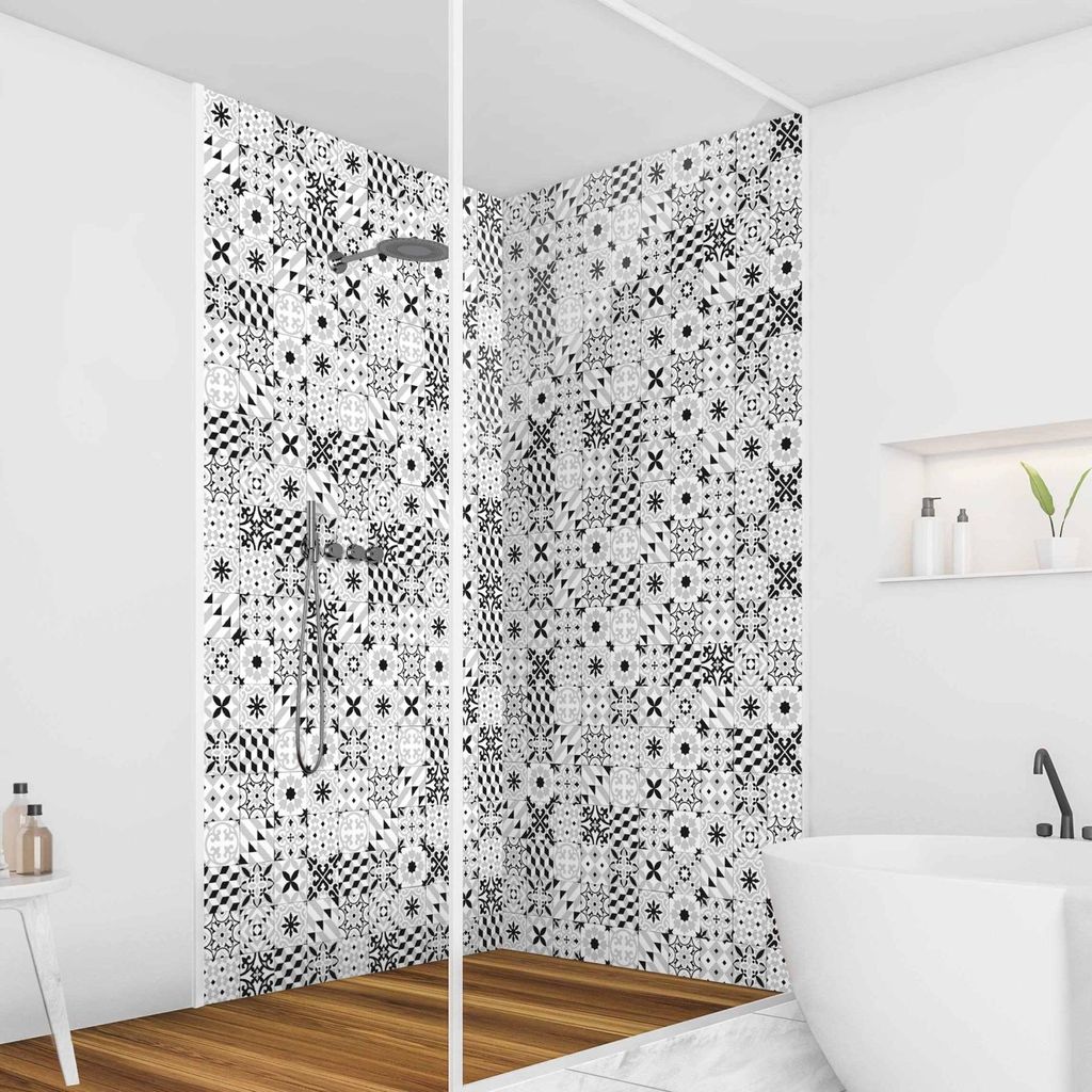 Duschrückwand mit Motiv selbstklebend - 0.35 mm Wandpaneel wasserfest Design schwarz weiss Fliesenoptik Illustration Badrückwand fugenlos Smart m...