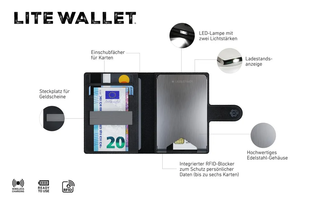 Ledlenser Lite Wallet Noir Portefeuille en Cuir avec Lampe LED 150 lm