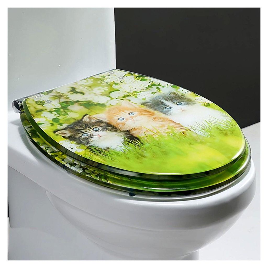WC-Sitz aus Kunstharz mit verstellbarem Edelstahl-Scharnier, oval, mit Schnellverschluss und Katzen-Design