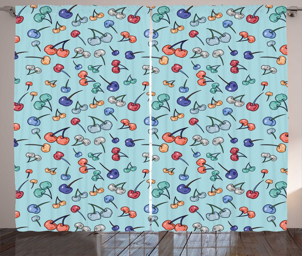 ABAKUHAUS Kirsche Rustikaler Gardine, Sommer-Frucht Abstrakt Farben, Schlafzimmer Kräuselband Vorhang mit Schlaufen und Haken, 280 x 225 cm, Hellb...