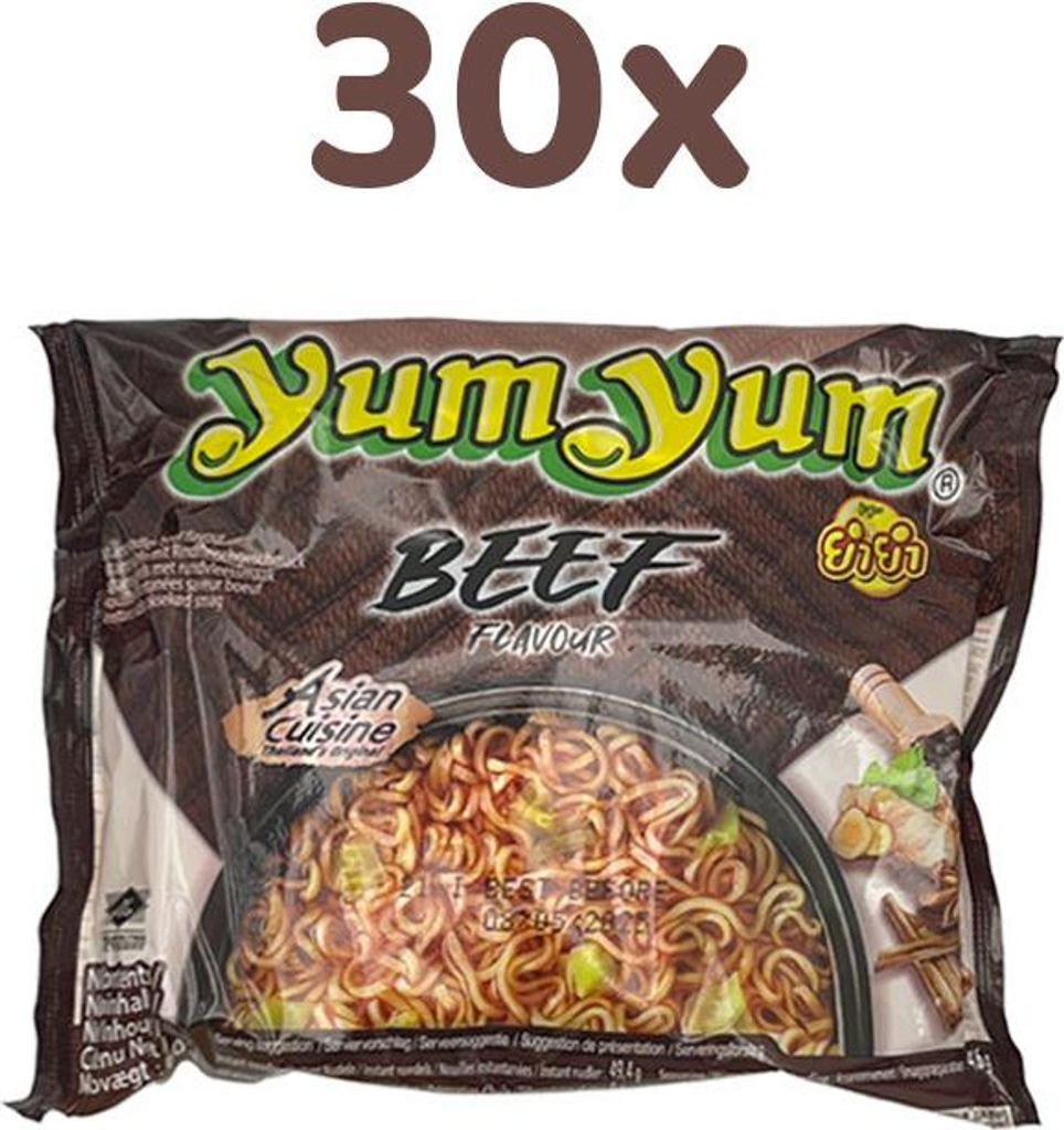 A package of Yum Yum instant noodles with beef flavor.