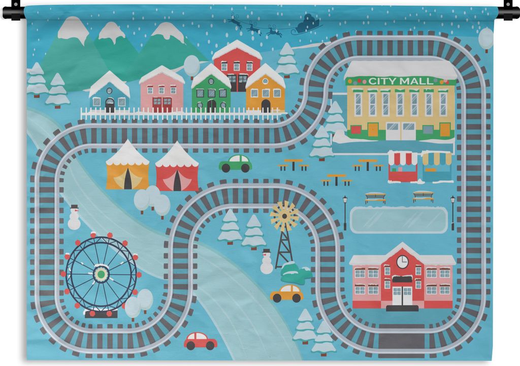 MuchoWow Wandteppich Wandbehang Kinder - Schnee - Zug - Vergnügungspark - Blau 90x67.5 cm Tapisserie Dekoration Wandtuch - Fototeppich - Wand-Sk...