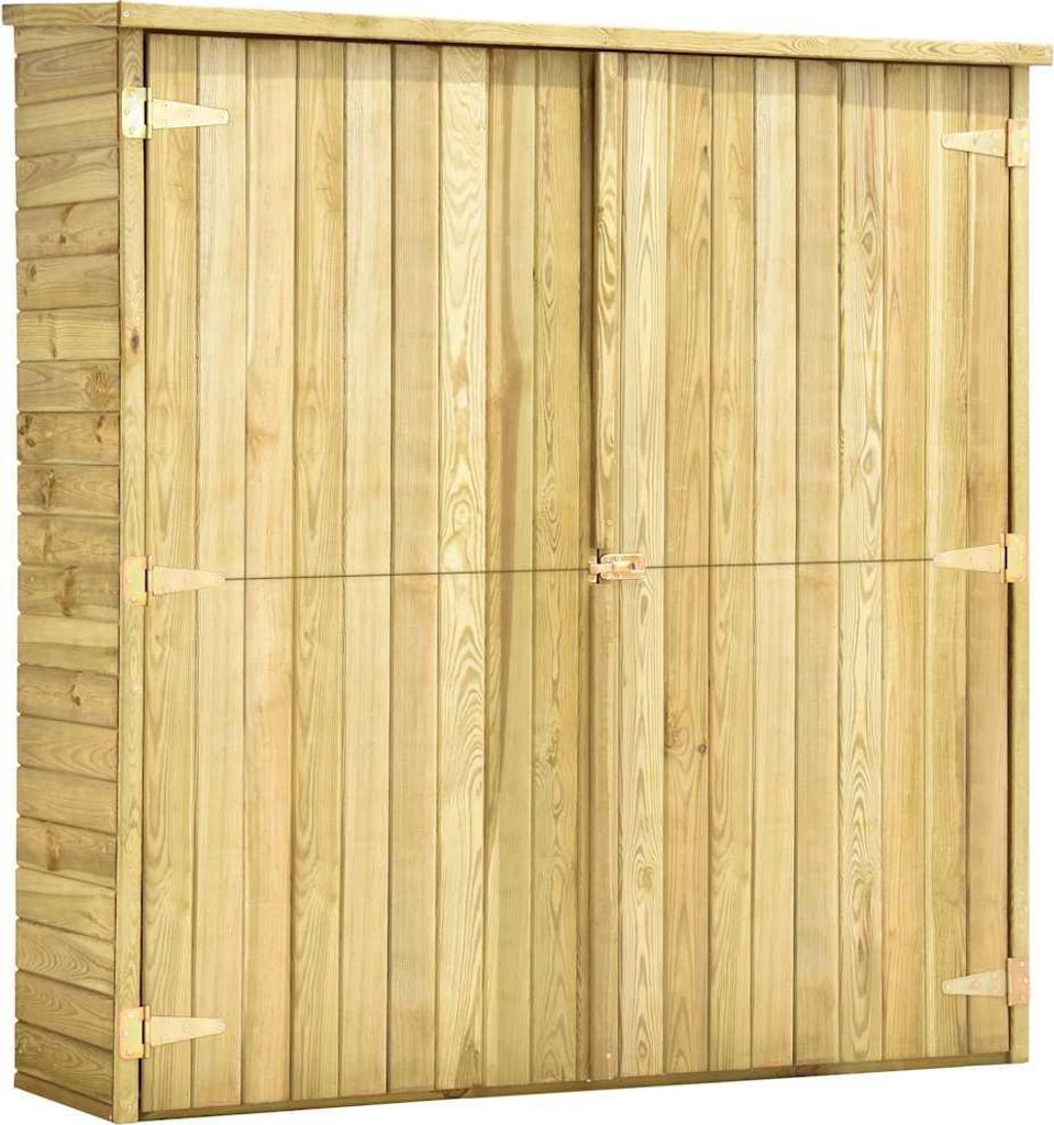A front view of a wooden garden shed with double doors.