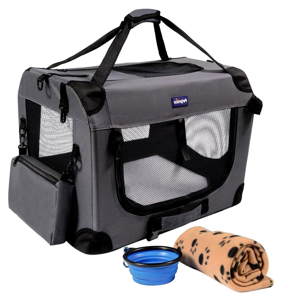 Faltbare Hundebox für Reisen, 60 x 42 x 42 cm, mit weicher Decke und faltbarem Napf für große Katzen und kleine Hunde, geeignet für drinnen und...