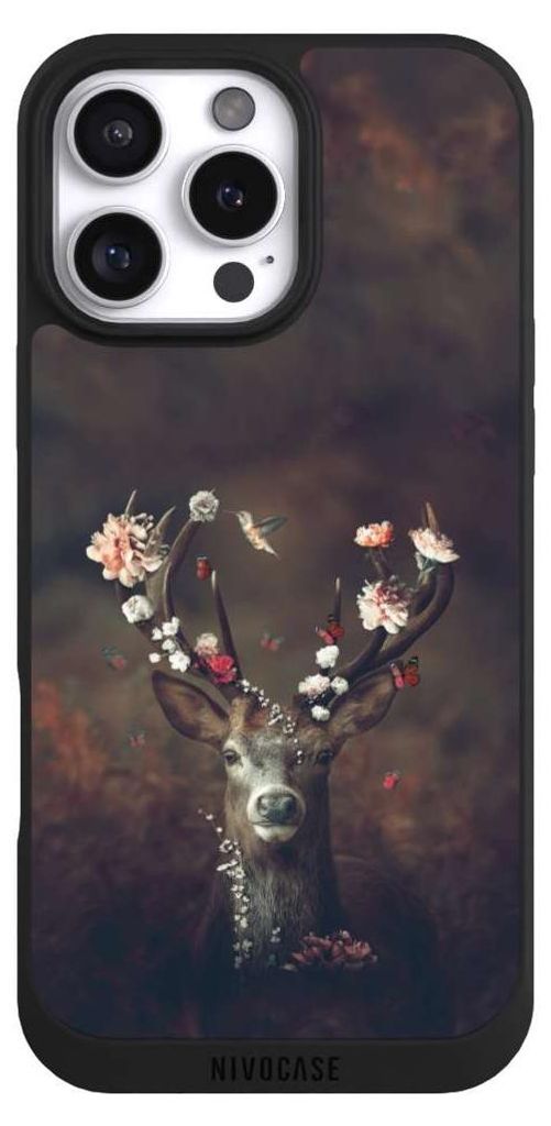 NIVOCASE Handyhülle für Apple iPhone 16 Pro Max Hülle NIVOpure Case Schwarz Blumen Rehe Rentier