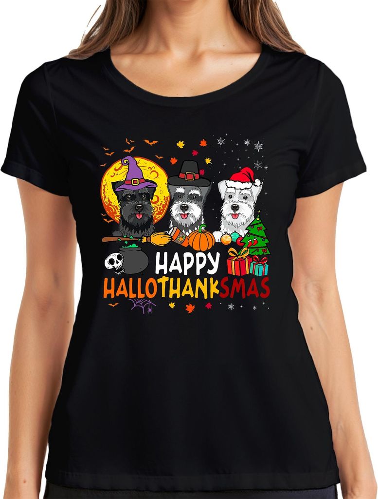 Happy Hallothanksmas Schnauzer Halloween Thanksgiving Weihnachten Damen T-Shirt, Schwarz, L