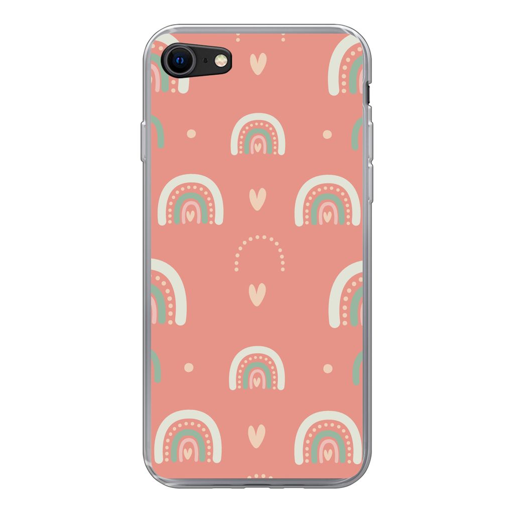 MuchoWow Handyhülle Schutzhülle Hülle für iPhone SE 2022 Mädchen - Regenbogen - Herzen - Muster - Mädchen - Rosa - Kinder - Kind Silikon So...