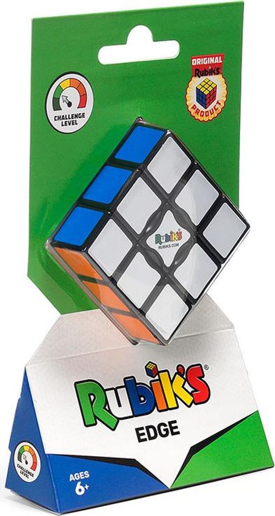 A Rubik's Cube Edge puzzle is displayed in its packaging, which includes a green cardboard header and a white cardboard base with the Rubik's logo and product name.