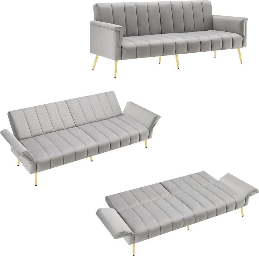 AIORBER Modernes Schlafsofa klappbar mit Armlehnen, verstellbarer Rückenlehne, Samt, Metallfüßen, 2-Sitzer, Gästezimmer, Schwarz/Beige/Grau