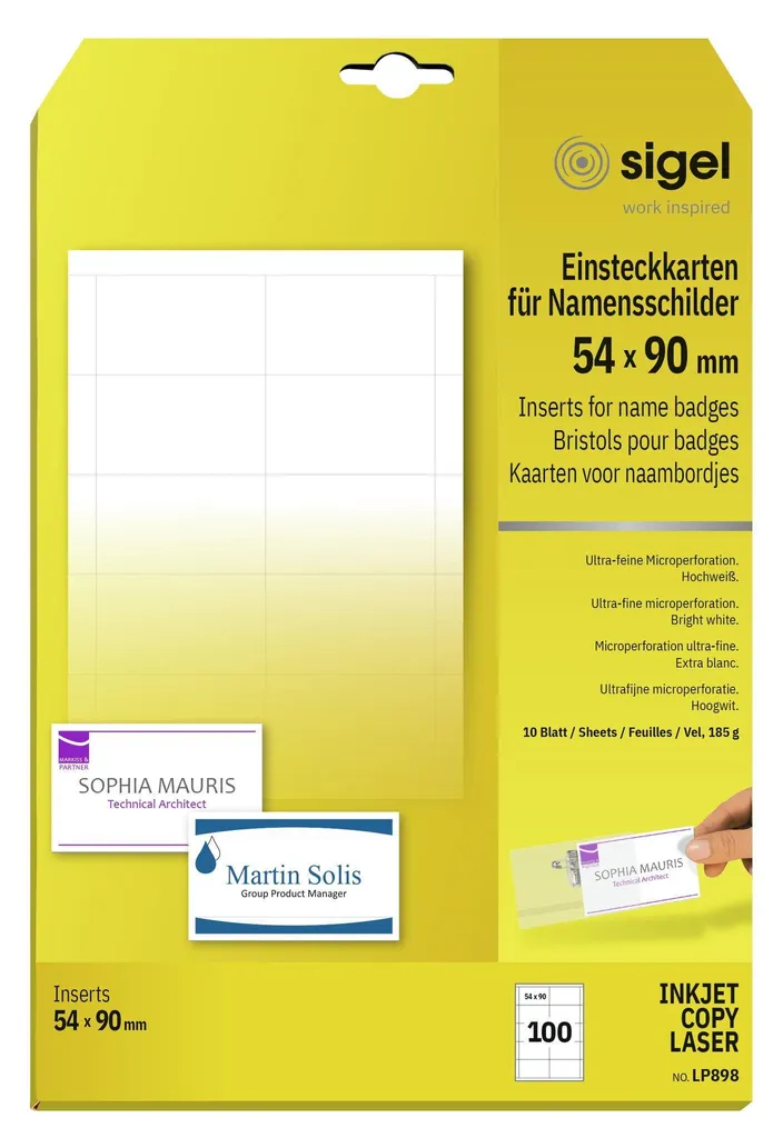 Inserts de badges Sigel LP898 micro-perforés haute qualité 54x90mm