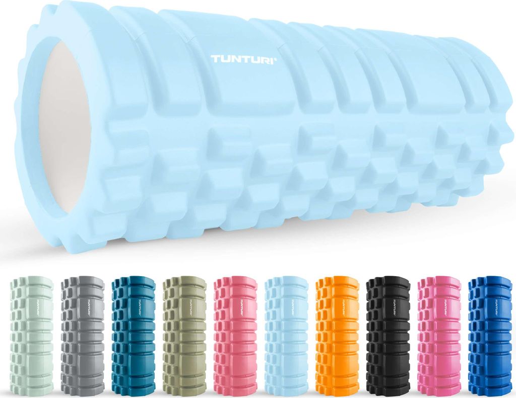Tunturi Yoga Grid Foam Roller - fazienrolle rücken wirbelsäule - 33 cm lang in hellblau- fitness rolle - Rücken rolle - Inkl. e Fitness-App