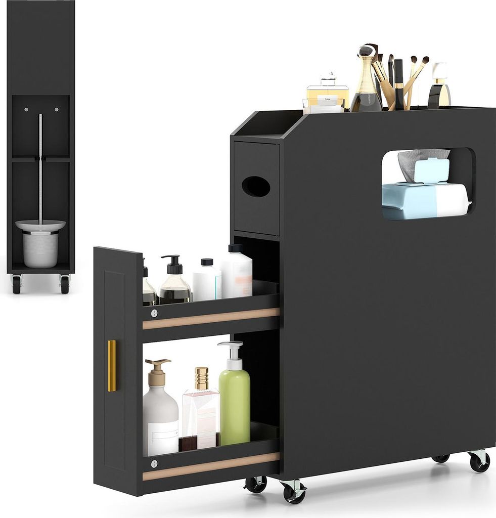 A black bathroom storage cabinet with two pull-out drawers and a top compartment, displayed against a white background. The cabinet is shown with various toiletries and makeup brushes on top and inside the drawers.
