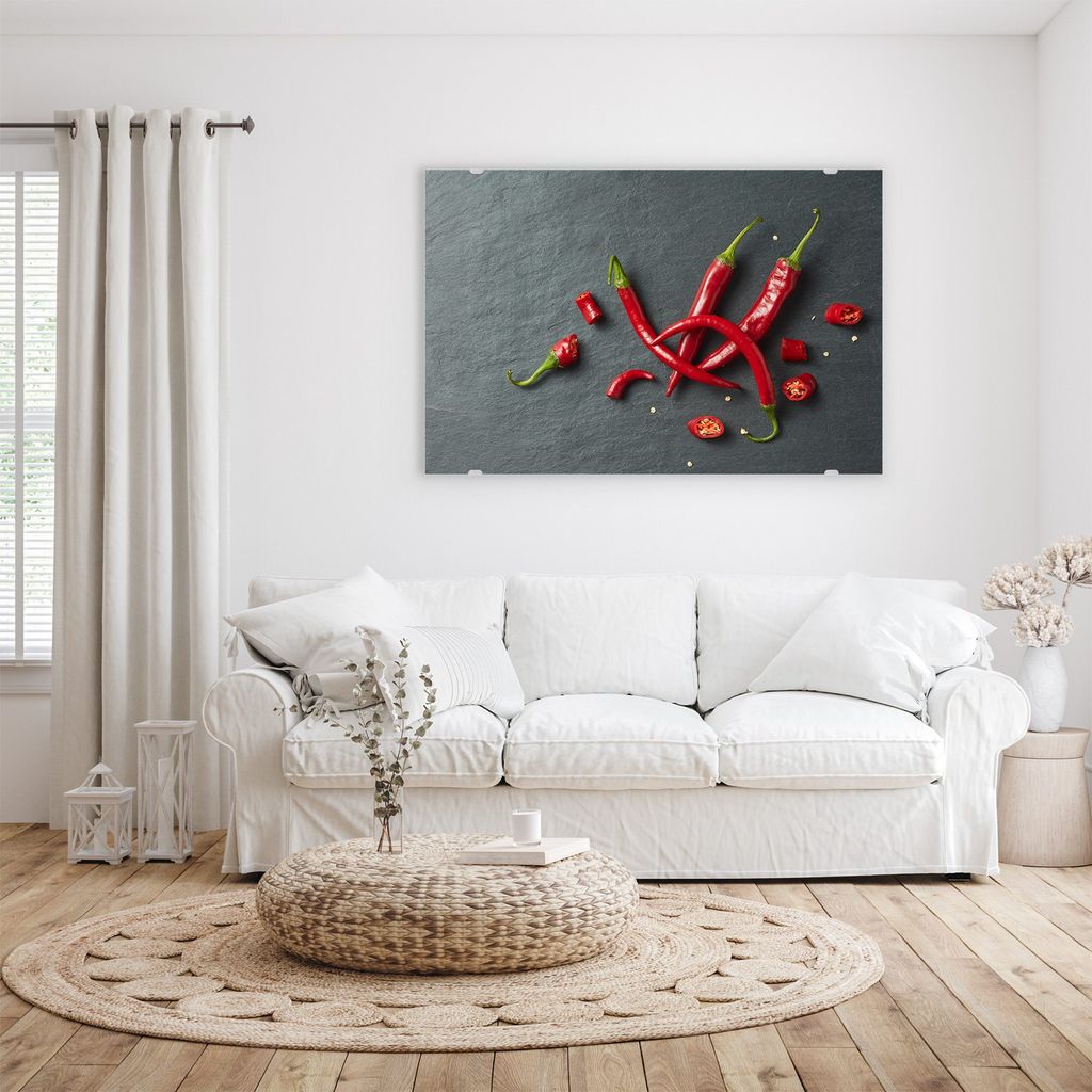 Glasbild Wandbild Chili ganz und gehackt 45x30cm in XXL für Wohnzimmer, Schlafzimmer, Badezimmer, Flur