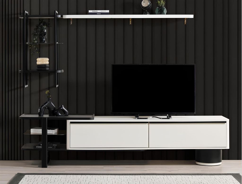 Wohnzimmer RTV Lowboard TV Ständer Schrank Holz Weiß Regale Wohnwand