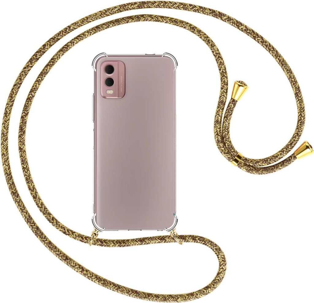Handykette Backcover-Schutzhülle mit Band (Metall goldfarben) für Nokia C32 4G (6.5'') - braun+beige