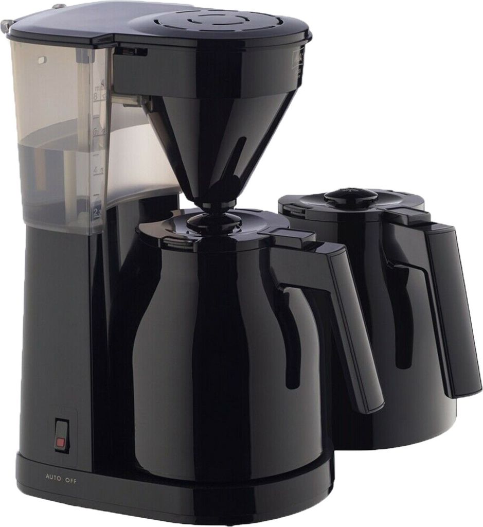 A black coffee maker with two thermal carafes, shown against a white background.