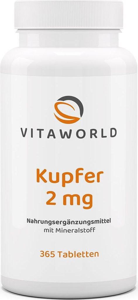 Vitaworld Kupfer 2 mg | 365 Tabletten | Kupfer-Gluconat für Produktbild 