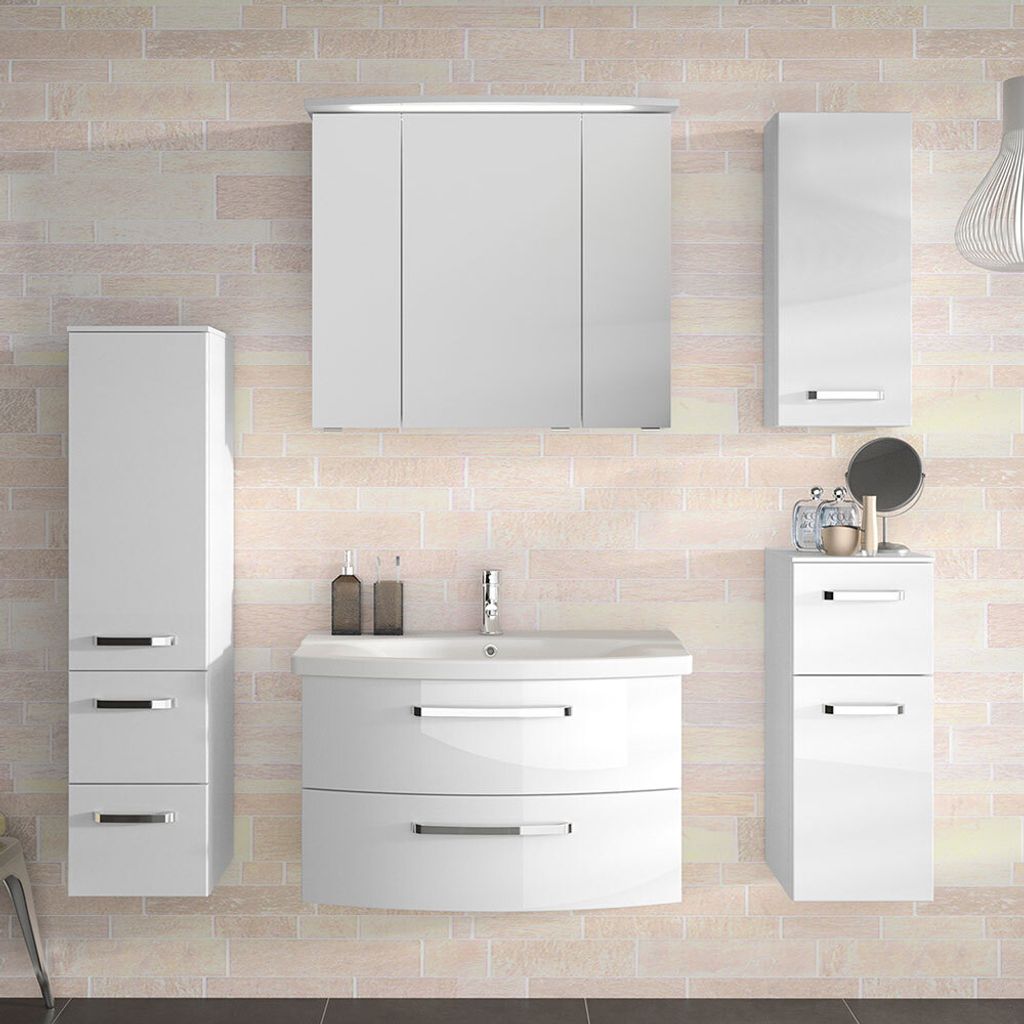 Badmöbel-Set 5-tlg. FES-4010-66 Fronten weiß Hochglanz, gerundeter Waschtisch, mit Soft-Close und LED - B/H/T: 174x200x46cm