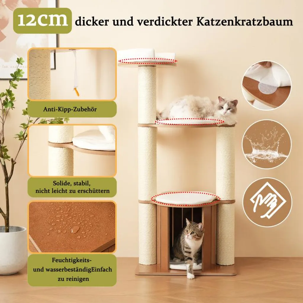 Tour à griffer pour chat avec cachette et plateformes imperméables - 7