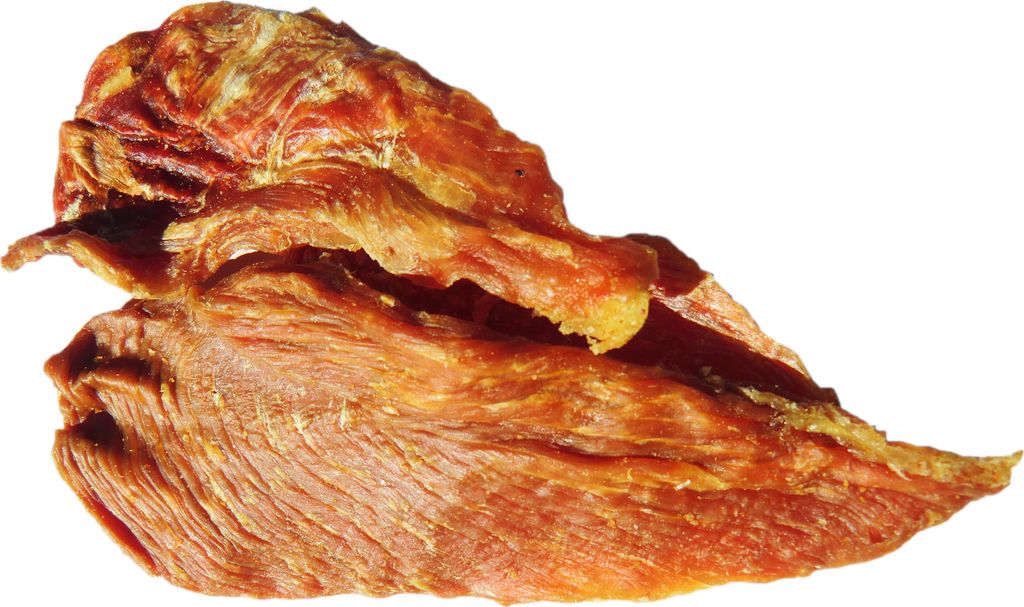 A single piece of dried chicken breast jerky for dogs, presented against a white background.