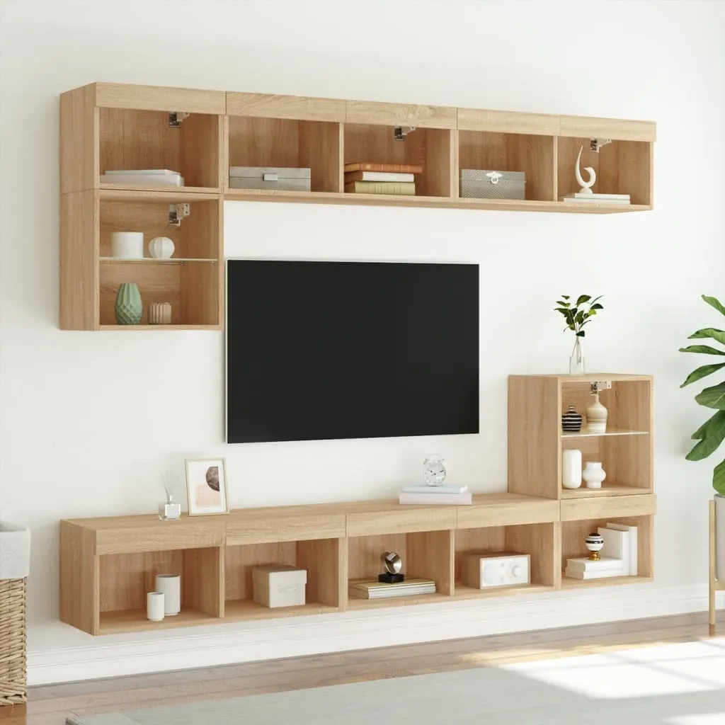 Ensemble meuble TV suspendu avec éclairage LED étagère murale bois clair