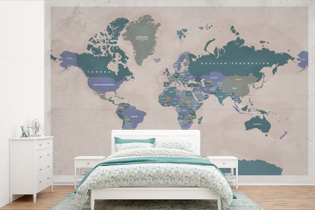 MuchoWow Fototapete für Wohnzimmer oder Schlafzimmer Wandtapete Vinyl Motivtapete Weltkarte - Vintage - Lila - Kind - Mädchen - Jungen - 420x28...